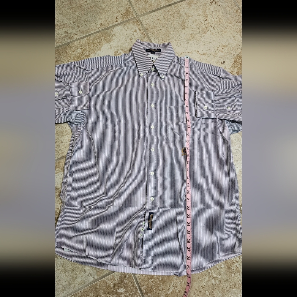 Tommy Hilfiger Large 16/34 Vintage 90s White Purple Pinstripe Crest Shirt Preppy - Picture 8 of 8